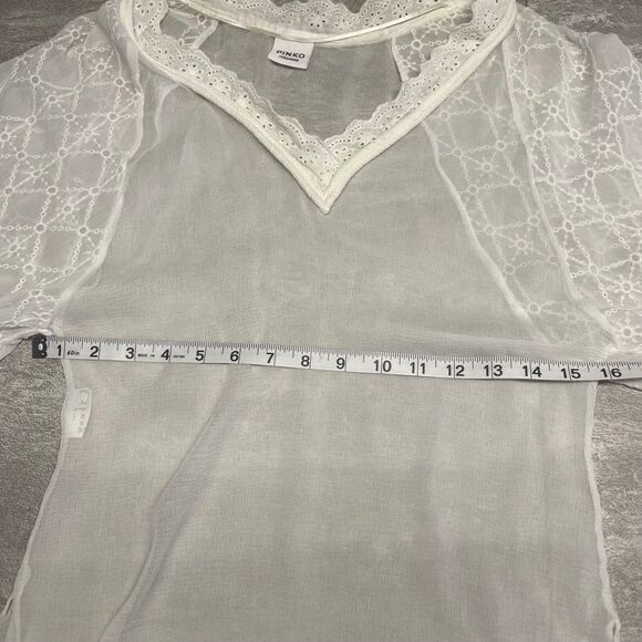 Pinko Sz 4 SMALL Puff Sleeve Lace  Sheer Delicate White Blouse Balletcore Soft - Picture 2 of 9